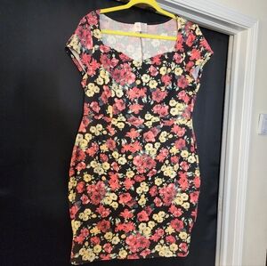 MOON 1XL Red And Yellow Floral Bodycon Midi Dress Modcloth